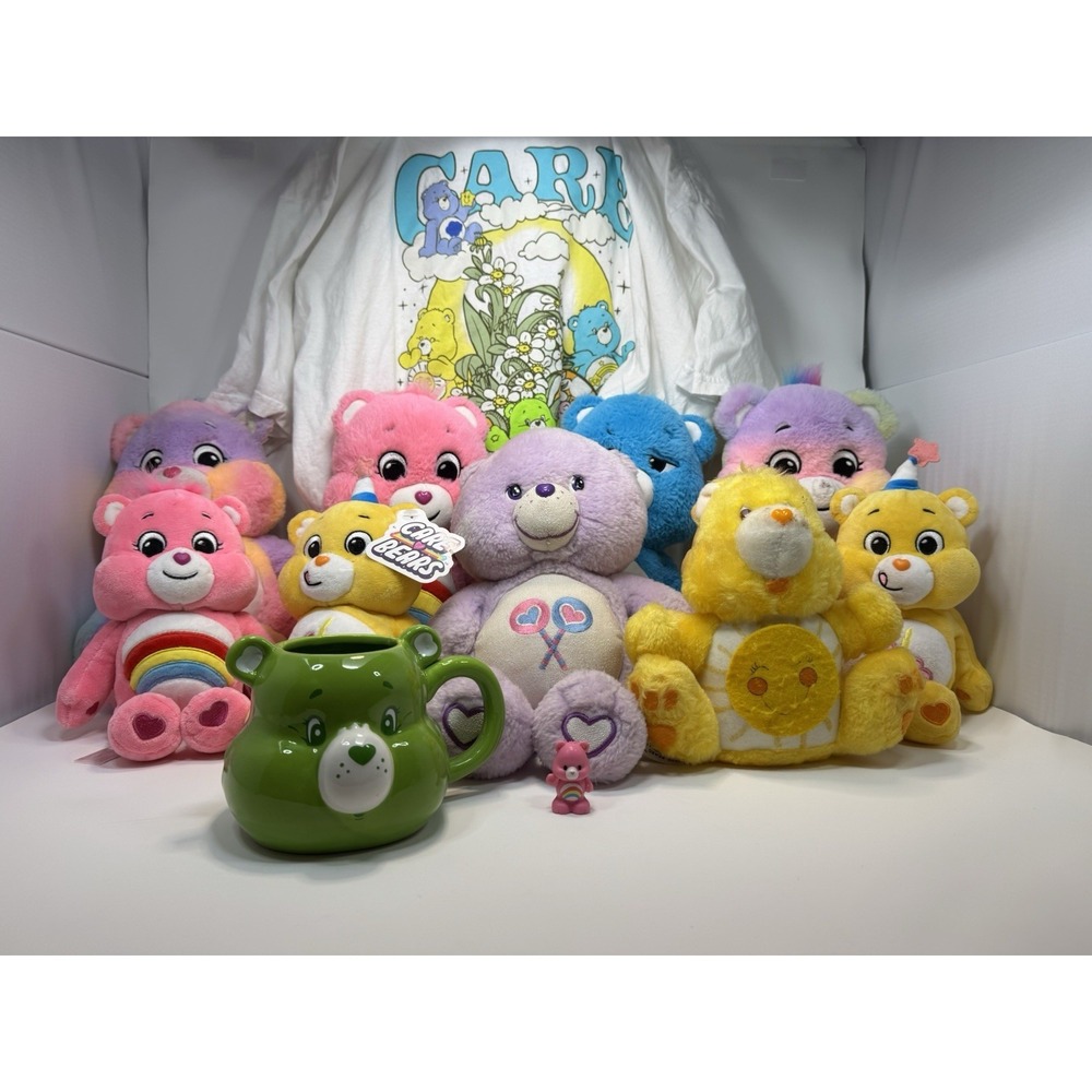 Care Bears Bundle Lot Of 10 Stuffed Bears Plus Ceramic Mug, Toy, and T-Shirt XXL